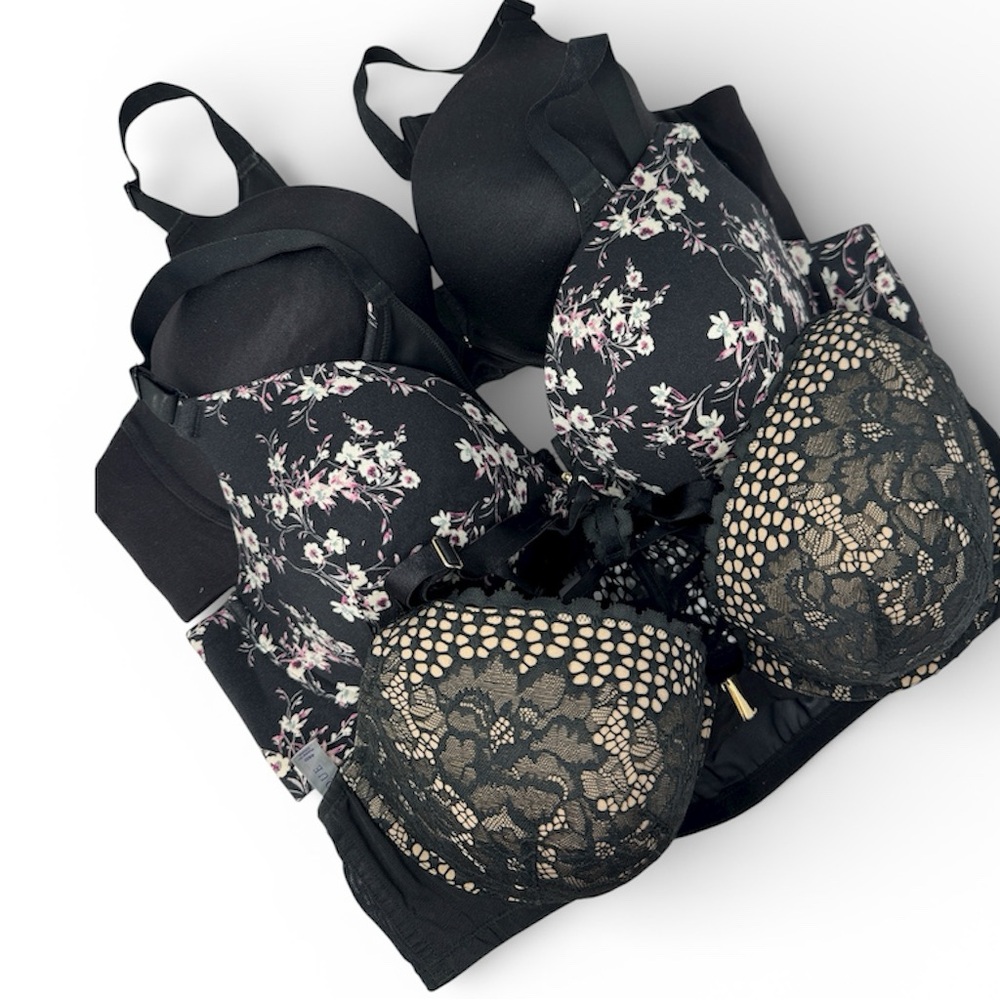 Cacique Boost Plunge Bra Bundle Lot Black Lace Floral Size 46 D